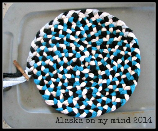 Three sweatshirts worth braided and stitched together, working on the next set of three now.