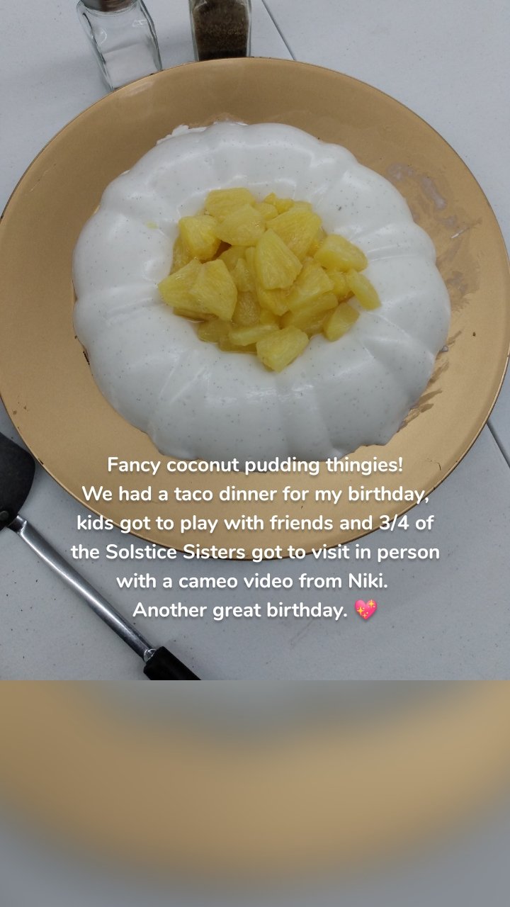 Fancy coconut pudding thingies!
We had a taco dinner for my birthday, kids got to play with friends and 3/4 of the Solstice Sisters got to visit in person with a cameo video from Niki. 
Another great birthday. 💖