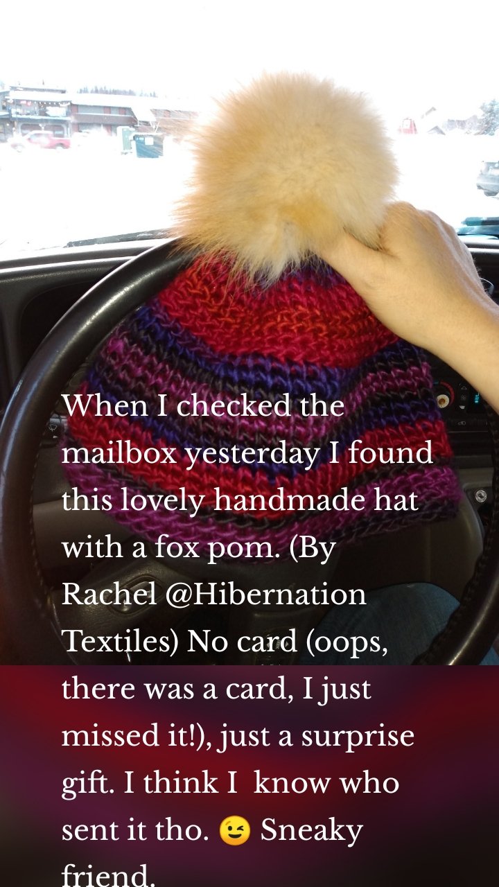 




When I checked the mailbox yesterday I found this lovely handmade hat with a fox pom. (By Rachel @Hibernation Textiles) No card (oops, there was a card, I just missed it!), just a surprise gift. I think I  know who sent it tho. 😉 Sneaky friend.