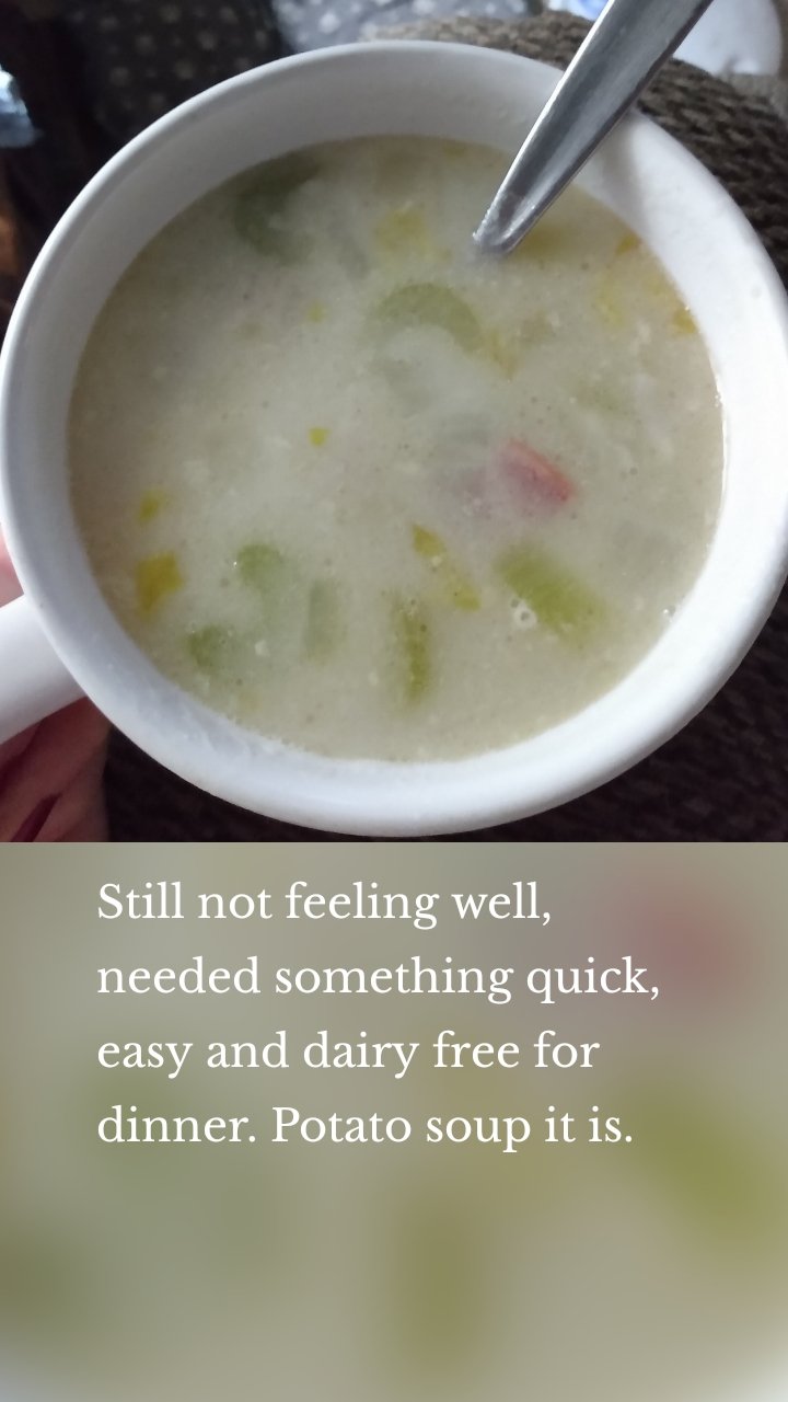 




Still not feeling well, needed something quick, easy and dairy free for dinner. Potato soup it is. 
