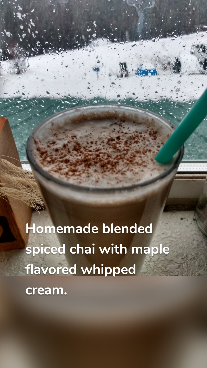 



Homemade blended spiced chai with maple flavored whipped cream. 