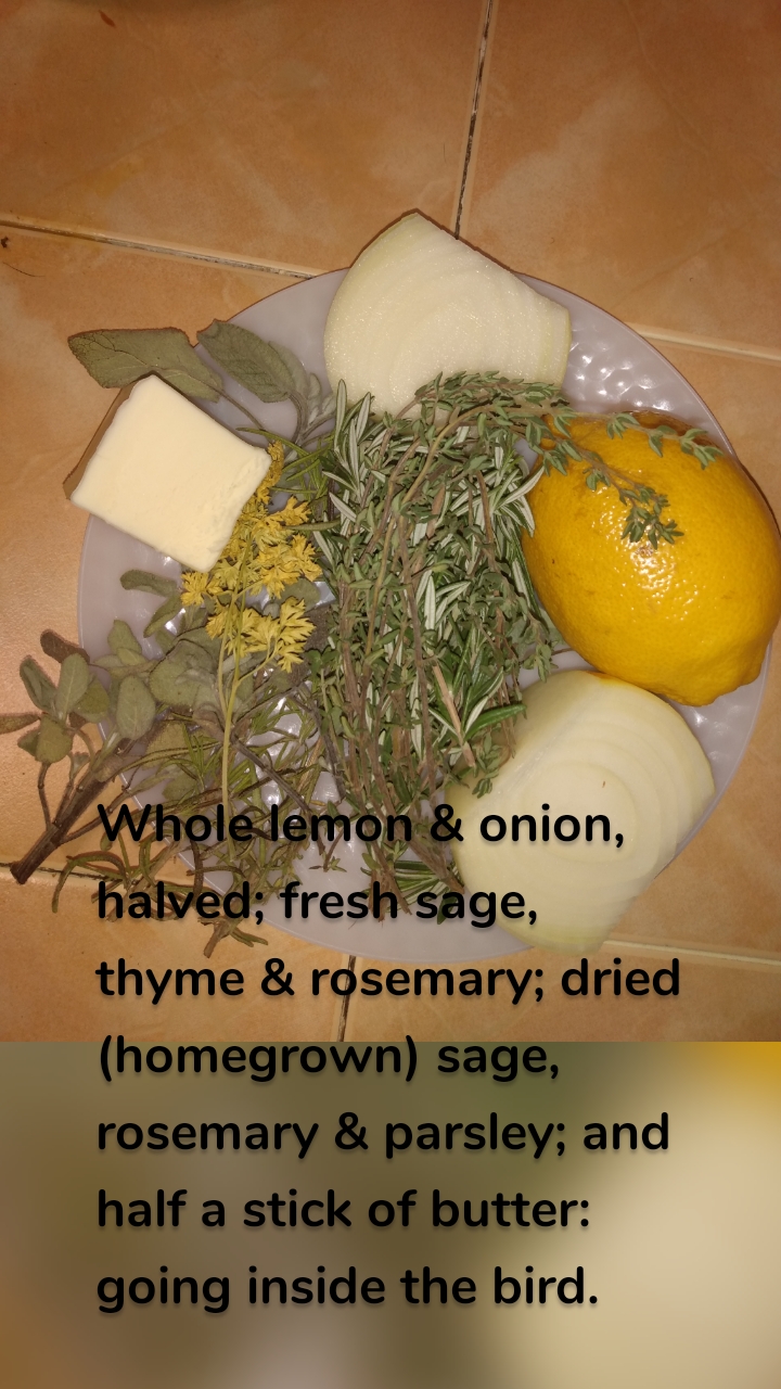 Whole lemon & onion, halved; fresh sage, thyme & rosemary; dried (homegrown) sage, rosemary & parsley; and half a stick of butter: going inside the bird.