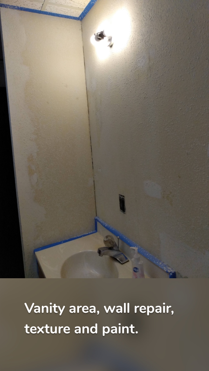 Vanity area, wall repair, texture and paint. 