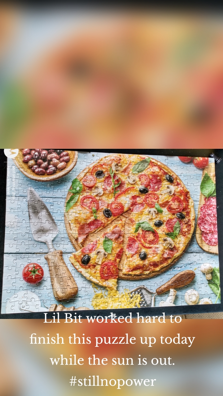 Lil Bit worked hard to finish this puzzle up today while the sun is out. #stillnopower